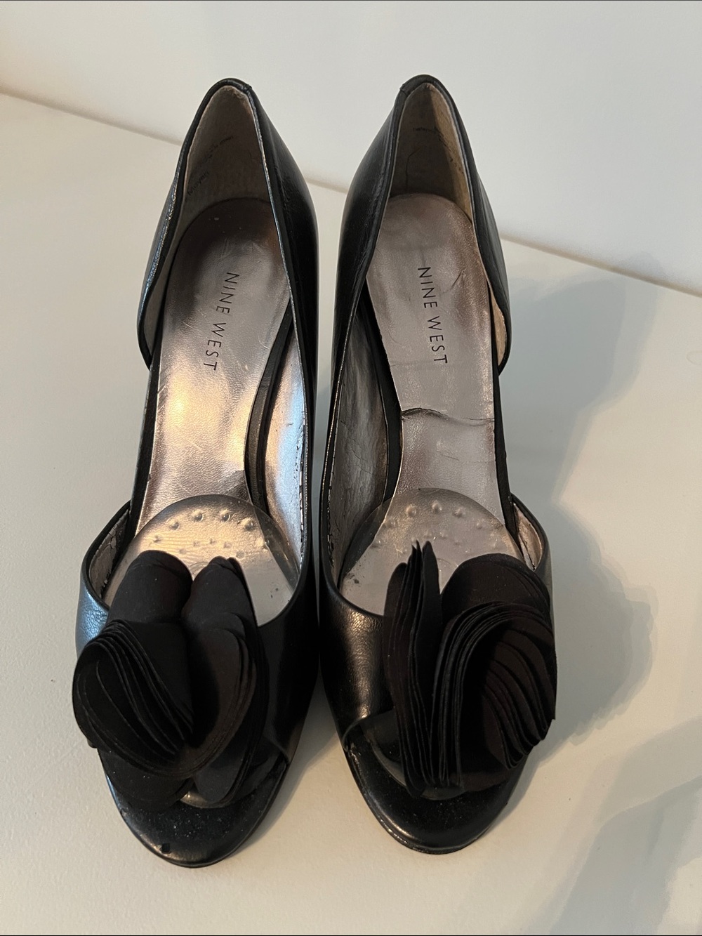 Nine West Black Peep-Toe Heels with Floral Rosette